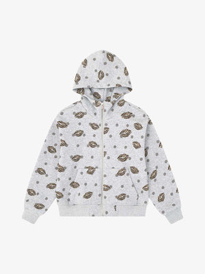 Lips Leopard Print Cropped Zip-Up Hoodie