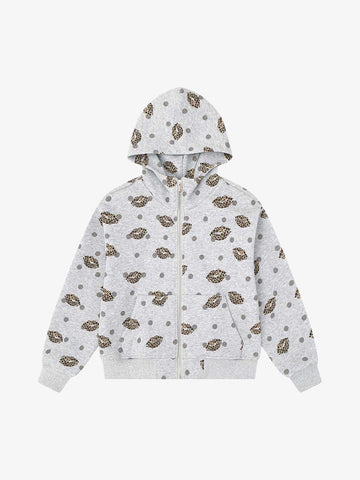 Lips Leopard Print Cropped Zip-Up Hoodie
