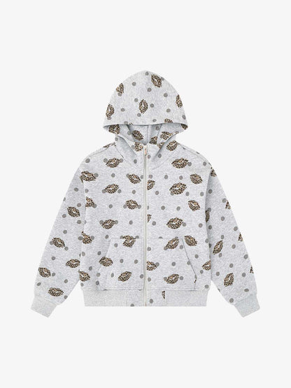 Lips Leopard Print Cropped Zip-Up Hoodie