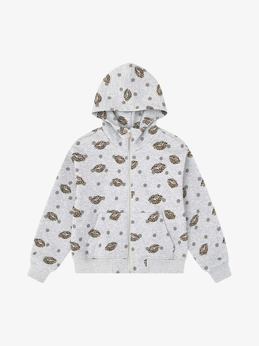 Lips Leopard Print Cropped Zip-Up Hoodie