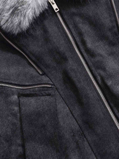 Fur Collar Moto-Style Zip Up Bomber Jacket 