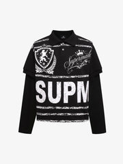 All-Over Typography Faux-Layered Long Sleeve Tee