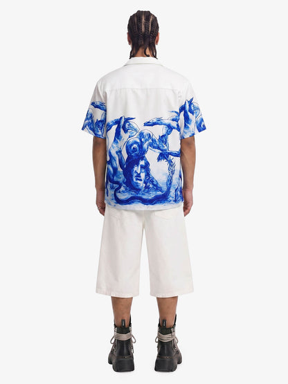 Blue Sketch Mythological Camp Collar Boxy Shirt 