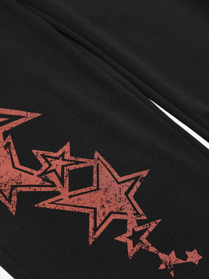 Retro Star Print Drawstring Wide-Leg Barrel Sweatpants 