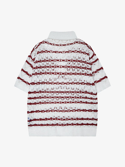 Knitted Cotton Blend Striped Polo Shirt with Openwork Pattern 