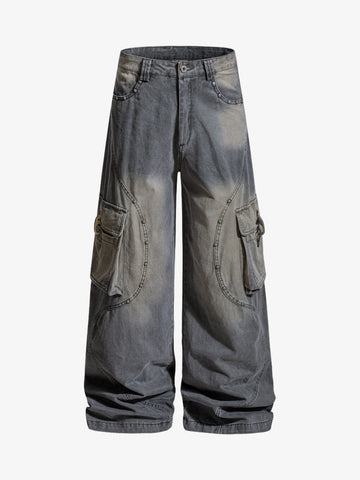 Studded Curved Seam Cargo Jeans 