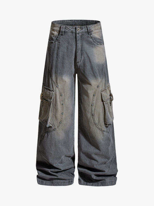 Studded Curved Seam Cargo Jeans