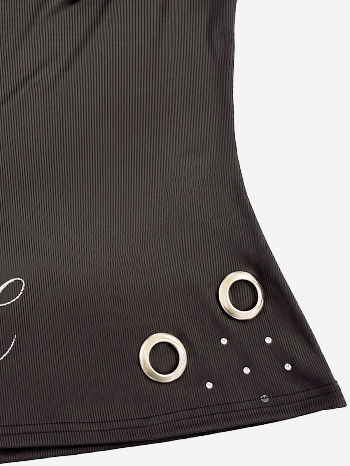 Letter Embroidered Rhinestone Eyelet Ribbed Tank Top