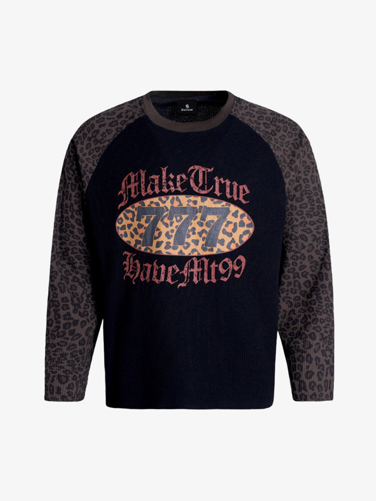 Leopard Letter Graphic Raglan Waffle Long Sleeve Tee