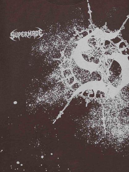 Cotton Washed Slim Fit Long-Sleeve T-Shirt with Splatter Graphic Print and Gothic 3D stereoscopic silicone printing Logo Design 