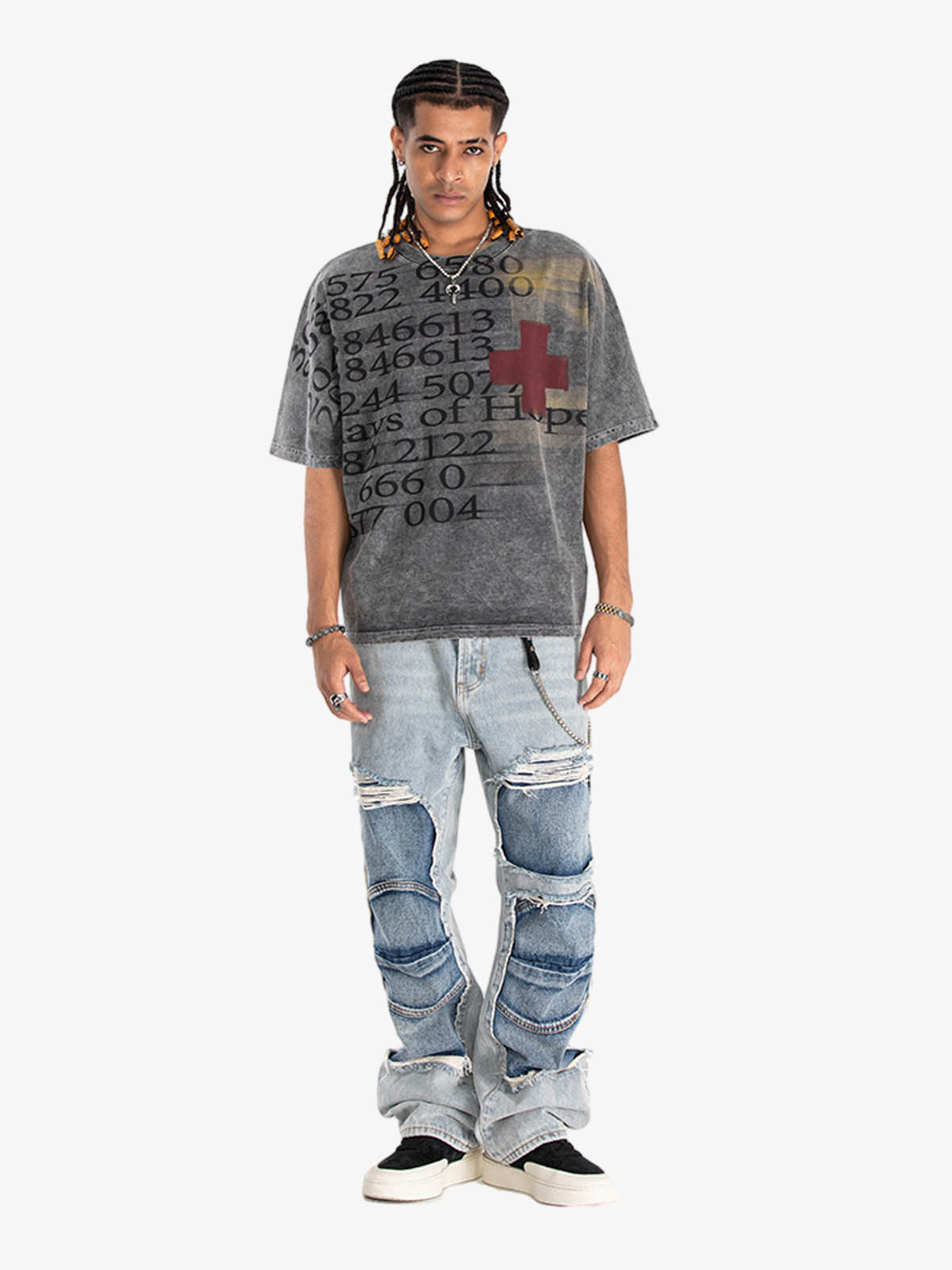 300G Jade Pattern Dyeing Cotton T-Shirt Oversized Streetwear Graphic Tee with Number Print and Red Cross Design 