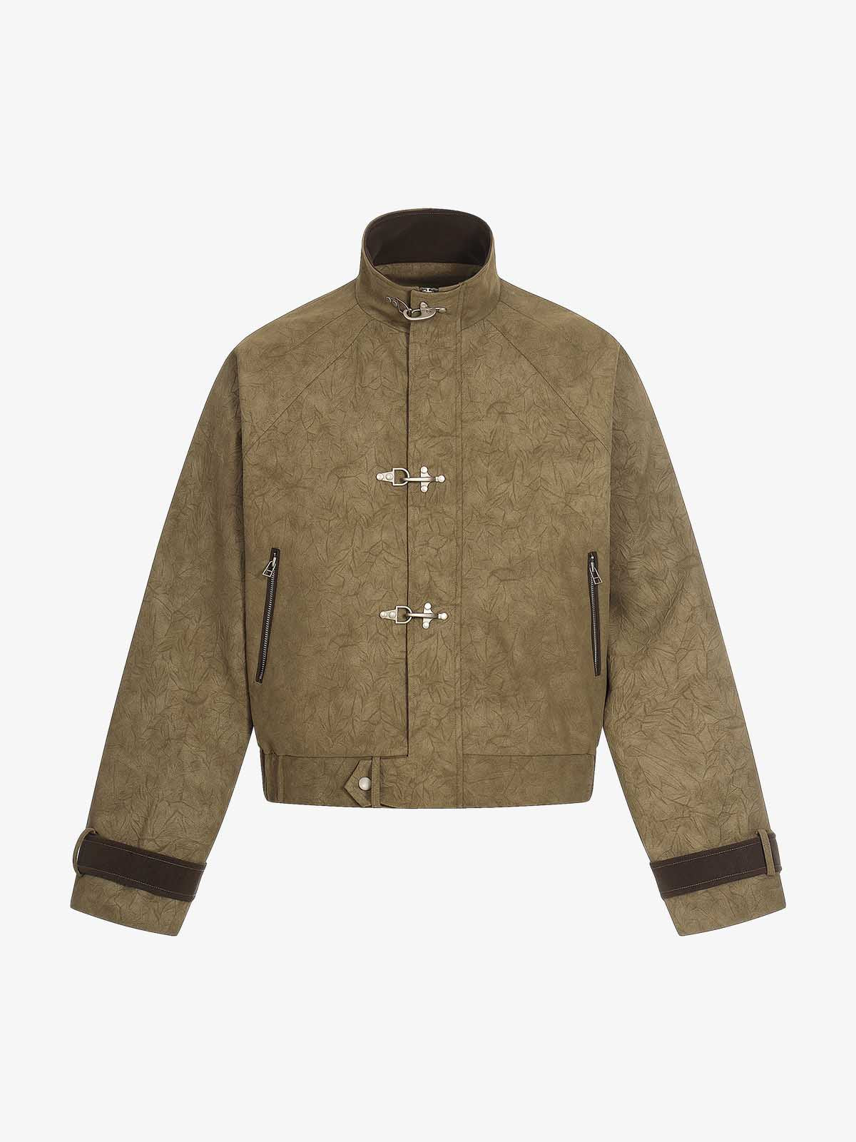 Textured Faux Leather Stand Collar Metal Buckle Jacket