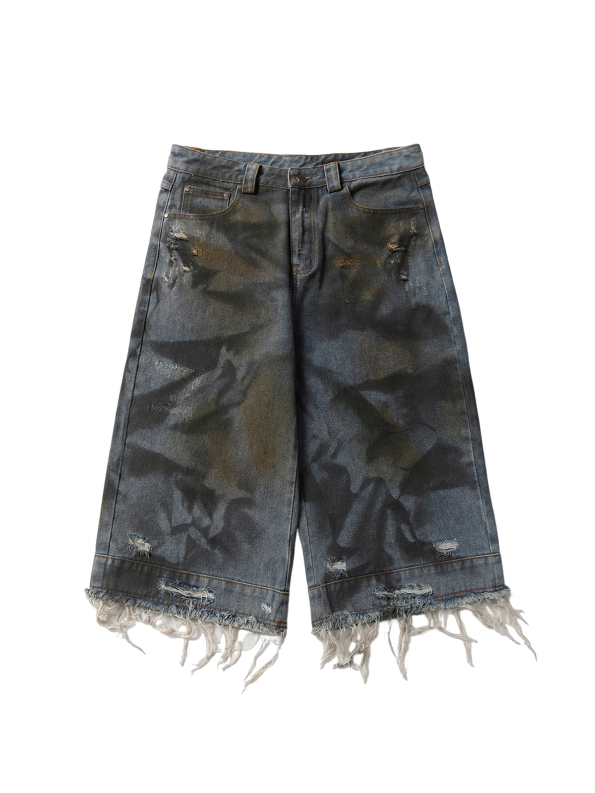 Washed Dirty Ripped Denim Cropped Jorts - 2351