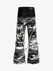 Camo Patchwork Eyelet Strap Flared Jeans