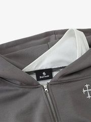 Off-Shoulder Layered Zip-Up Cropped Hoodie