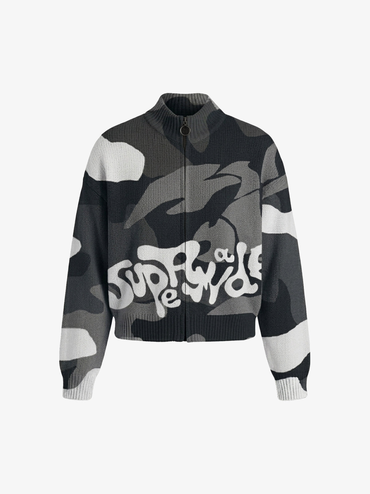 Camo Pattern Jacquard Knit Full-Zip Stand Collar Sweater