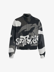 Camo Pattern Jacquard Knit Full-Zip Stand Collar Sweater