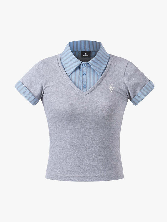 Layered Shirt Collar V Neck Slim Fit T-Shirt 