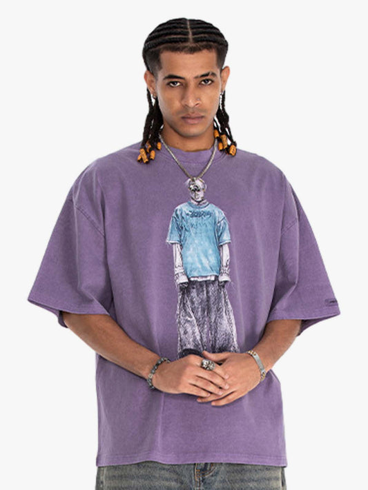 300G Jade Pattern Dyed Cotton Oversized T-Shirt with Skeleton Graphic Print Streetwear 