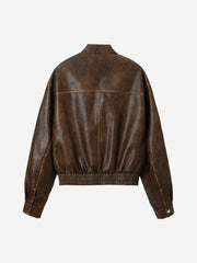Embroidered Distressed Faux Leather Cropped Bomber Jacket