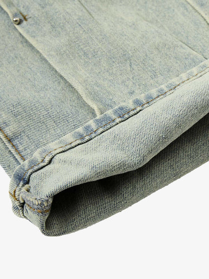 Denim Wide Leg Pants with Distressed Wash and Metal Studs 