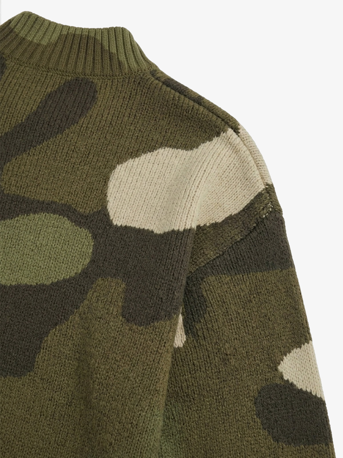 Camo Pattern Jacquard Knit Full-Zip Stand Collar Sweater