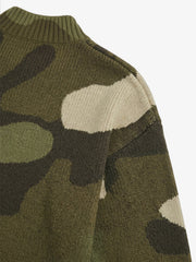 Camo Pattern Jacquard Knit Full-Zip Stand Collar Sweater