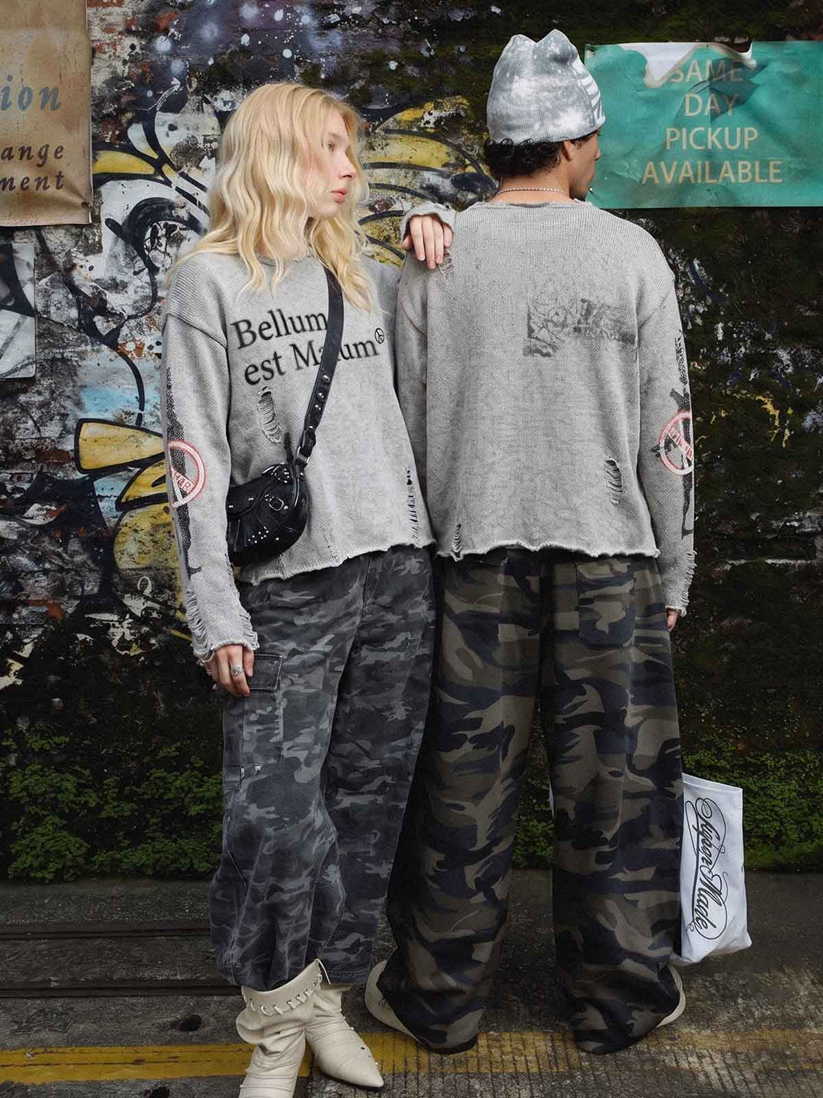 Distressed Graphic Ripped Pullover Sweater