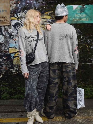 Distressed Graphic Ripped Pullover Sweater
