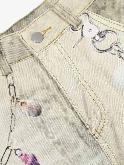 Distressed Denim Shorts with Chain Detail and Embellishments 