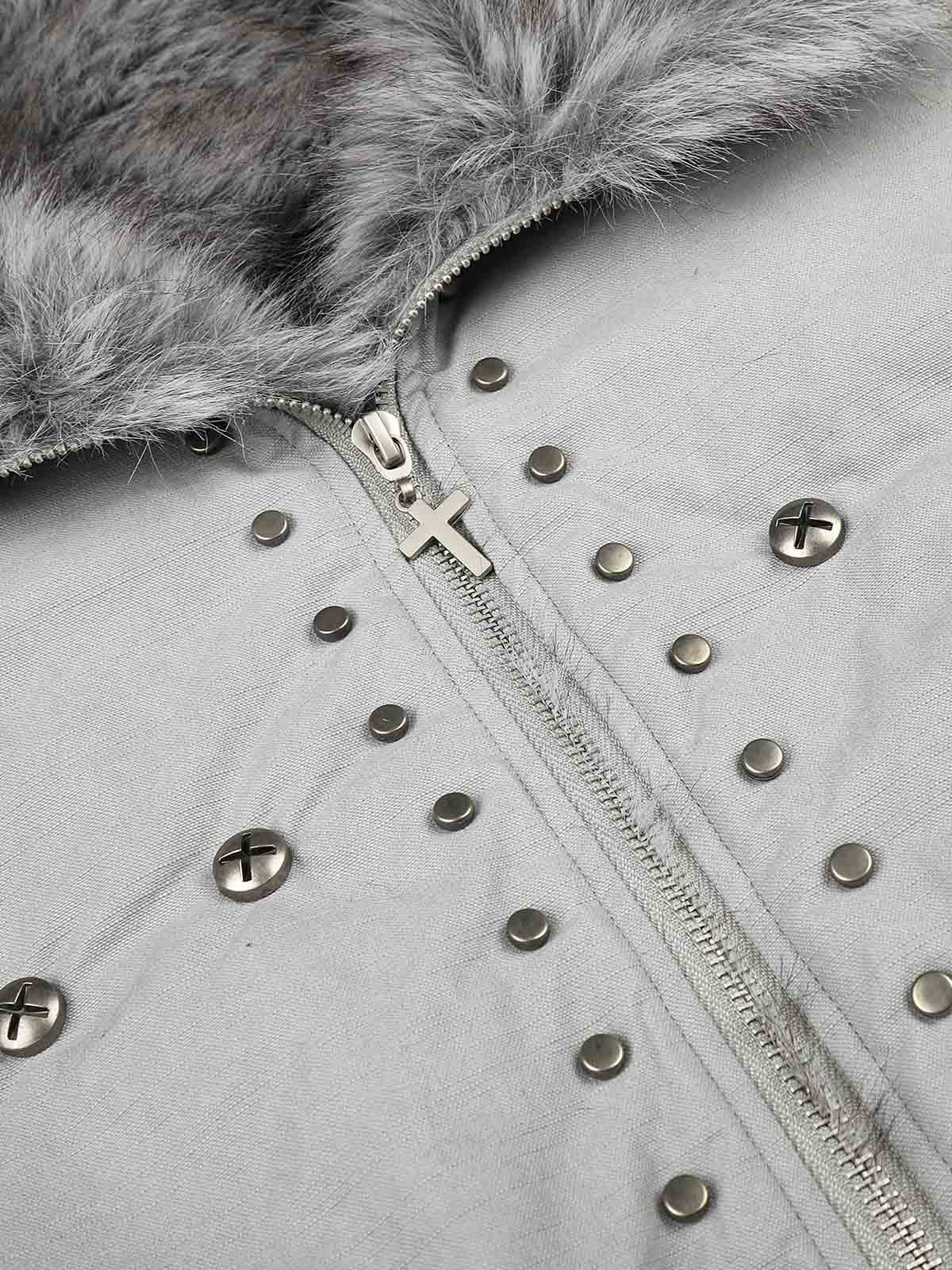 Studded Faux-Fur Collar Bomber Coat