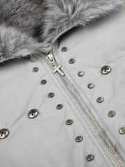 Studded Faux-Fur Collar Bomber Coat