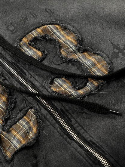 Distressed "23" Patch Zip Up Hoodie 