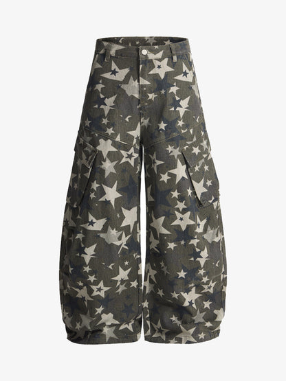 Retro Star Print Barrel Cargo Pants 