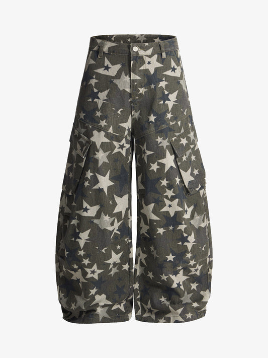 Retro Star Print Barrel Cargo Pants 