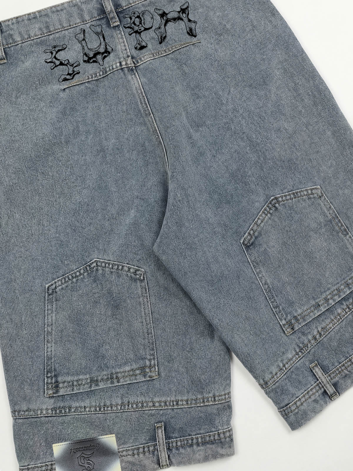 Denim Wide Leg Shorts with Skeleton Logo Embroidery and Patch Detail 