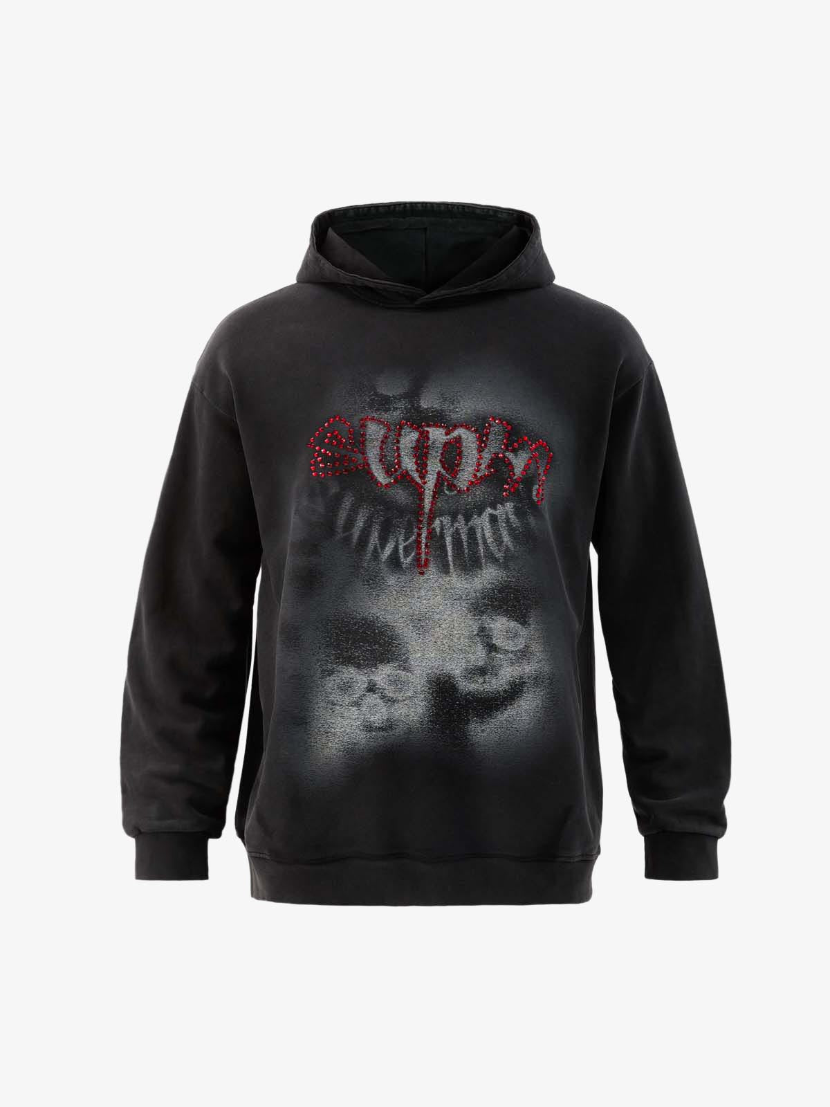 Rhinestone Letter Airbrush Graphic Pullover Hoodie 