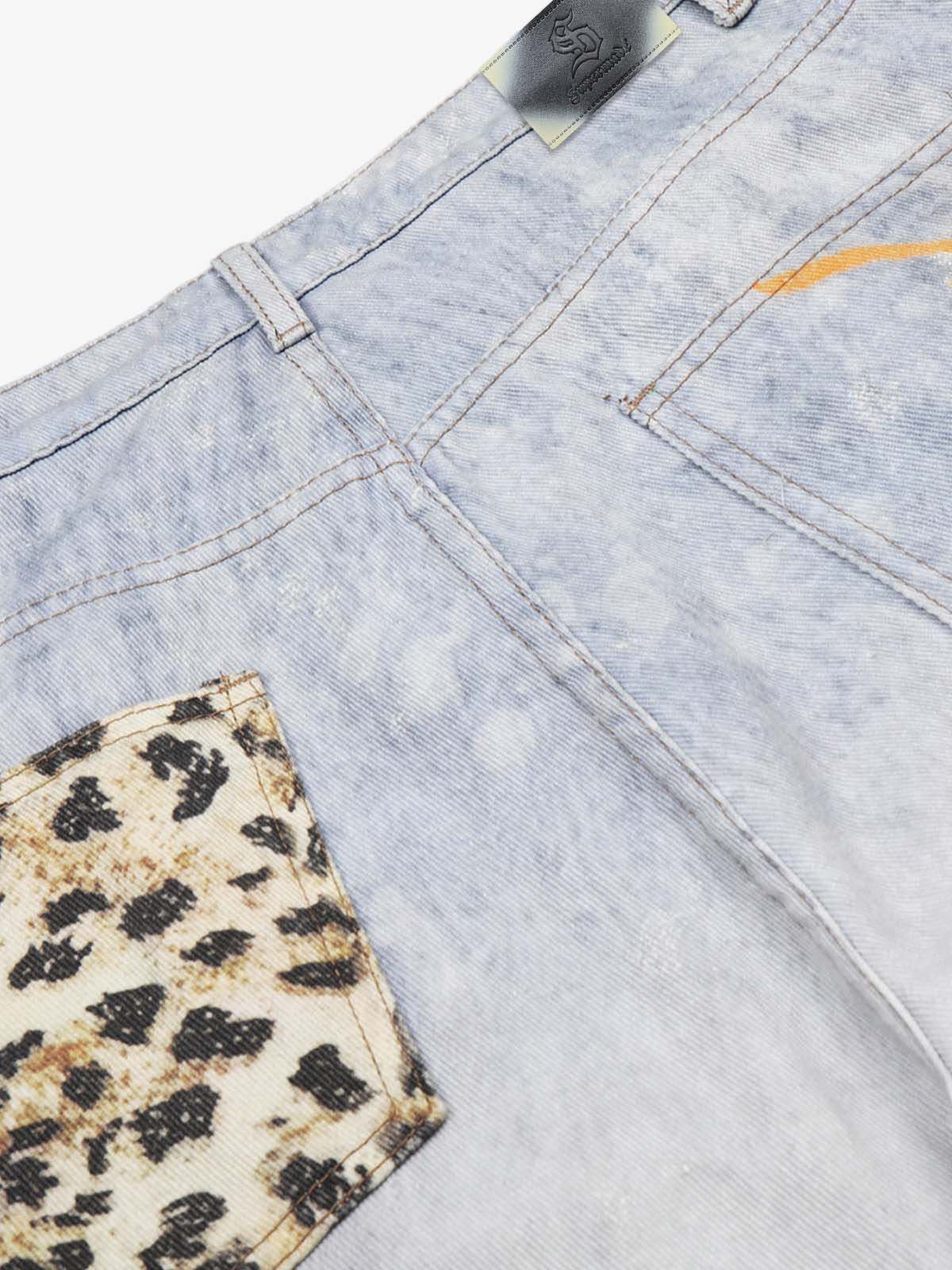 Light Wash Denim Shorts with Floral & Leopard Details