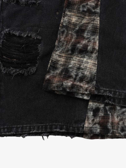 Denim Patchwork Wide Leg Pants with Drawstring Waist and Distressed Details 