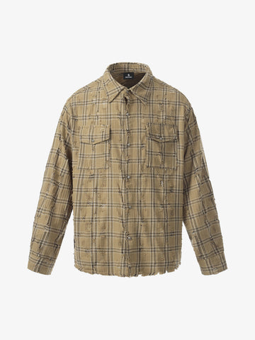 Ripped Plaid Cotton Long Sleeve Shirt for Men - Distressed Checkered Button-Up Casual overshirt 