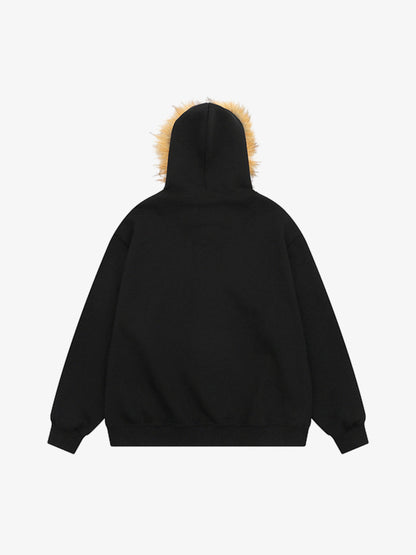 Stylish Hooded Jacket with Faux Fur Trim and Graphic Print for Casual Wear 