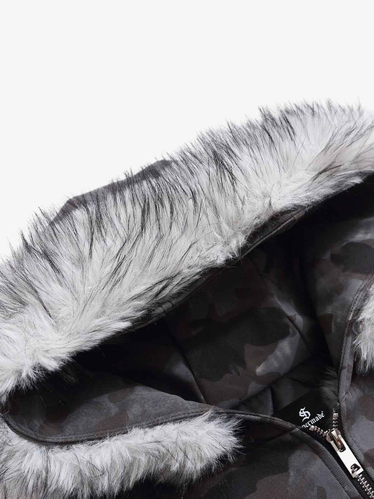 Camoflage Faux Fur Collar Zip Design Bomber Jacket 