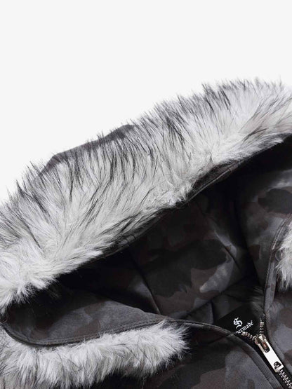 Camoflage Faux Fur Collar Zip Design Bomber Jacket 
