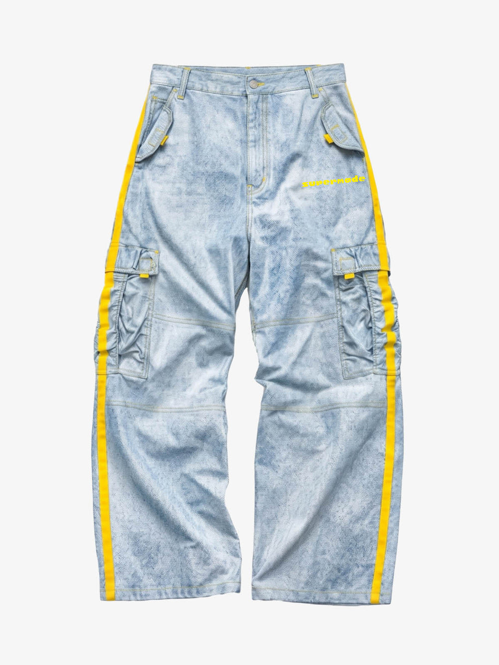 Yellow-Stripe Multi-Pocket Washed Cargo Jeans