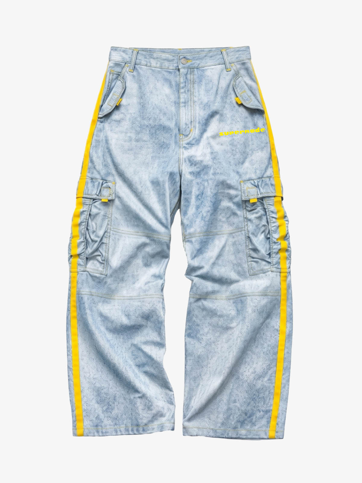 Yellow-Stripe Multi-Pocket Washed Cargo Jeans