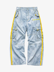 Yellow-Stripe Multi-Pocket Washed Cargo Jeans