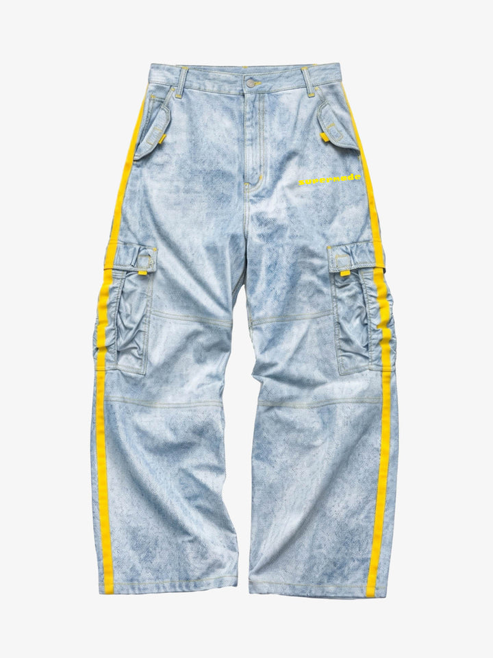 Yellow-Stripe Multi-Pocket Washed Cargo Jeans