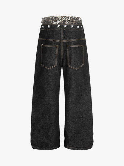 Stylish Wide-Leg Jeans with Unique Star Waistband Design for Men and Women 