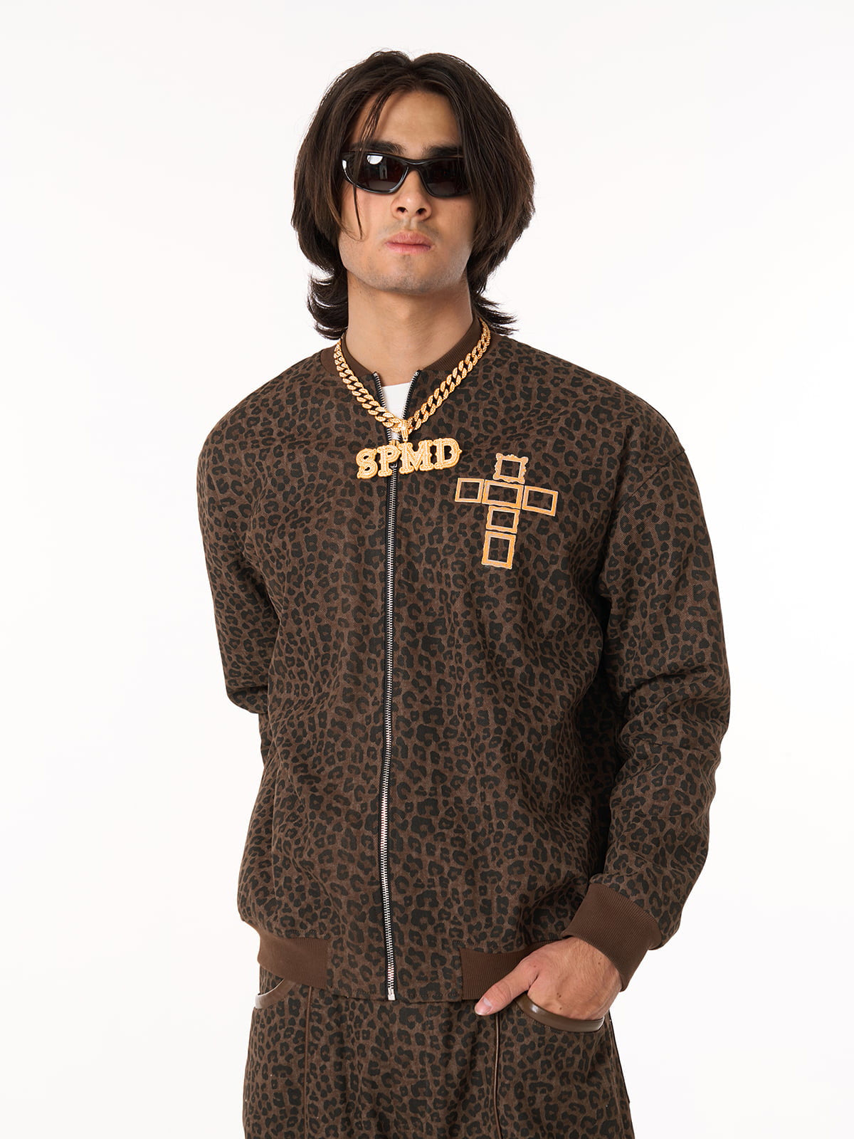 Cross Frame Leopard Print Baseball Jacket 