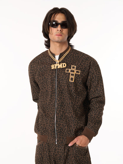 Cross Frame Leopard Print Baseball Jacket 